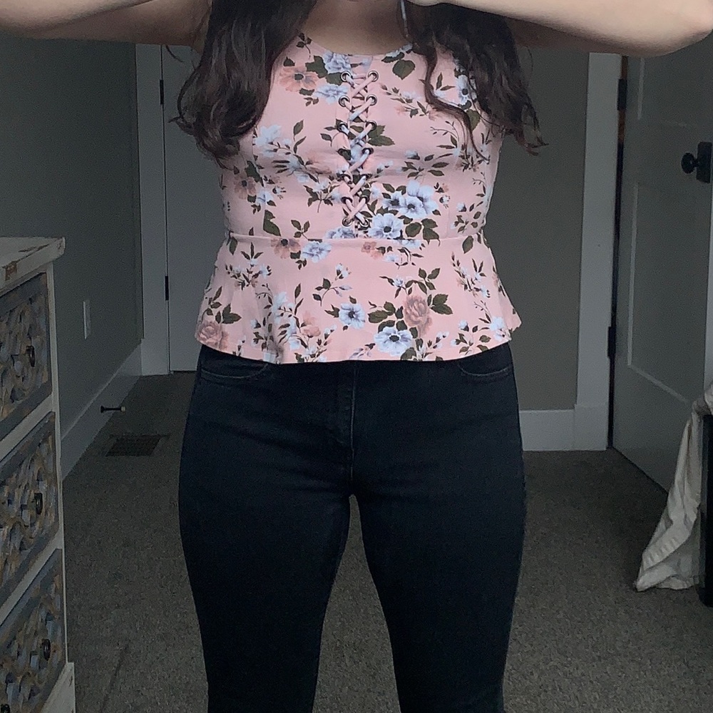 American Eagle Pink Floral Tank Top with Lace Up Detailing